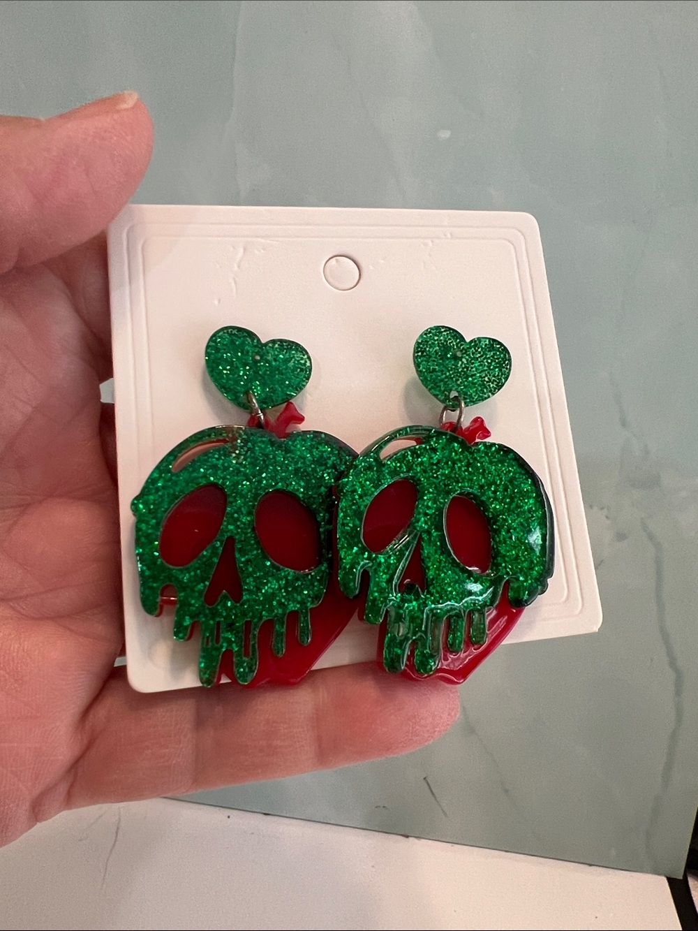 Poison Apple Green Glitter Skull Heart Drop Earrings